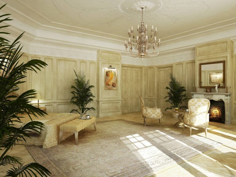 Интерьер спальни с лепным каминным порталом