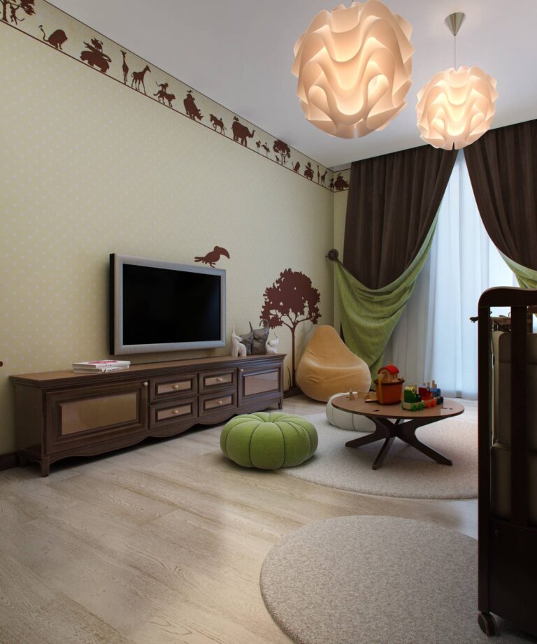 Зеленые и белые пуфы-тыквы в интерьере детской комнаты