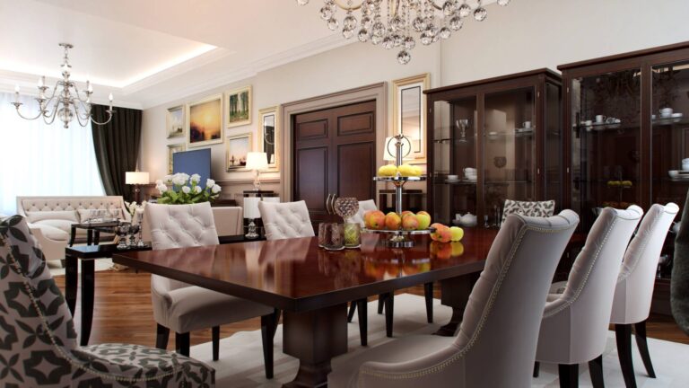 Классический дизайн проект столовой в сочетании светлого текстиля и темного дерева