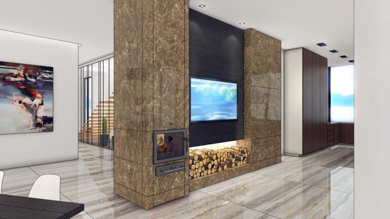 Эскиз интерьера обеденной зоны с ТВ панелью со встроенной подсветкой, камином и поленницей