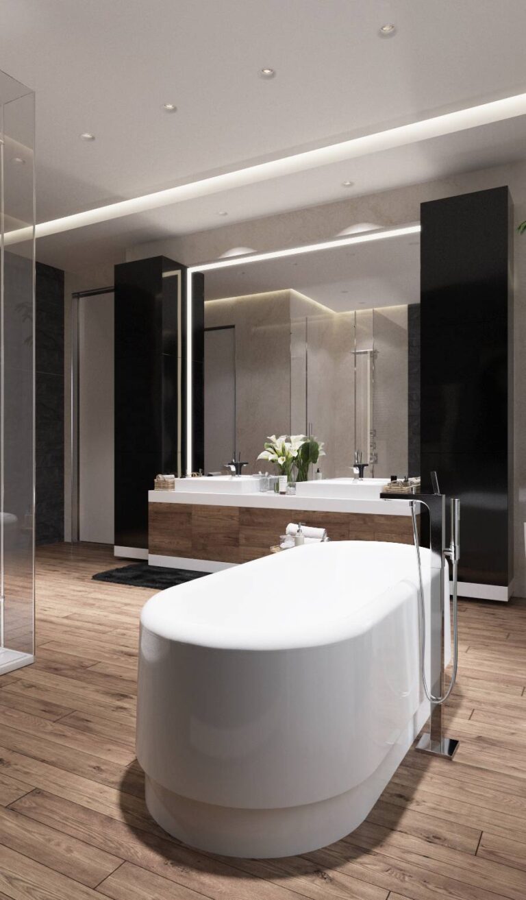 Большое настенное зеркало в дизайне ванной комнаты