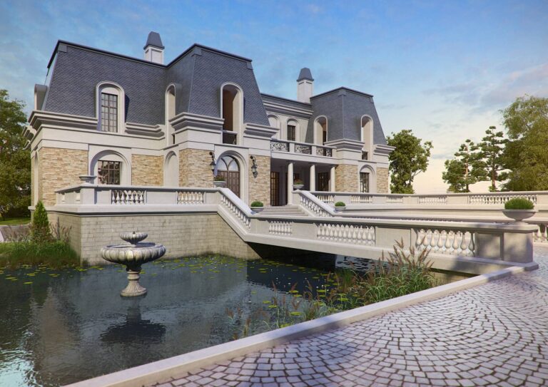 Правый фасад дома с террасой, высокими окнами и искусственным водоемом