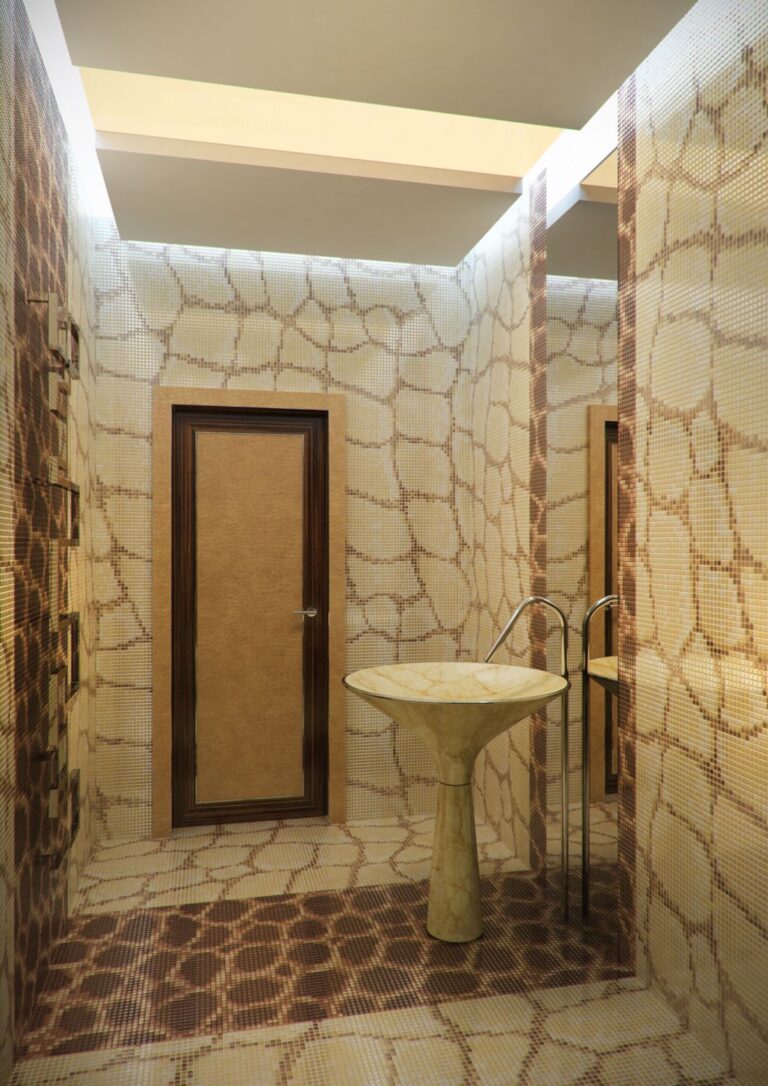 Дизайн ванной в экзотическом стиле с оригинальной раковиной