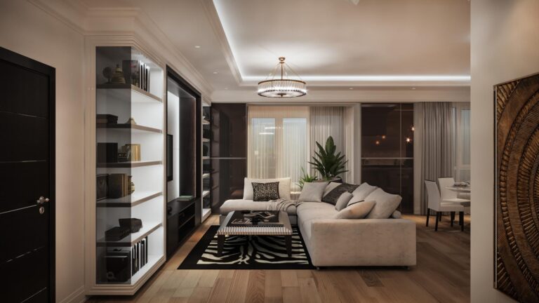 Серый модульный диван в дизайне современной гостиной