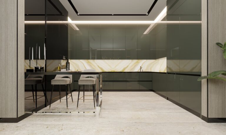 Дизайн кухни в бежево-серо-коричневых тонах