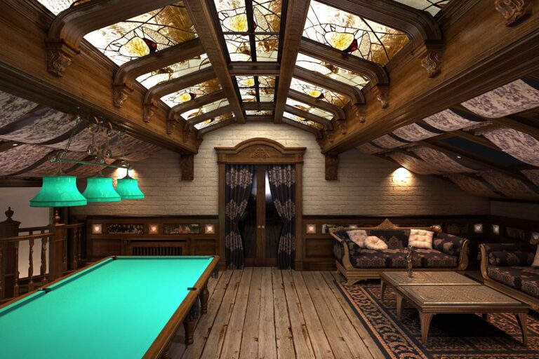 Интерьер бильярдной с тремя рядами витражных окон на потолке