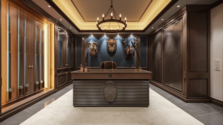 Темно-синяя декоративная панель в интерьере коричневого кабинета