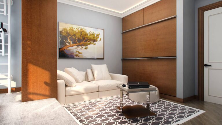 Шкафы и белый диван в дизайне прихожей комнаты