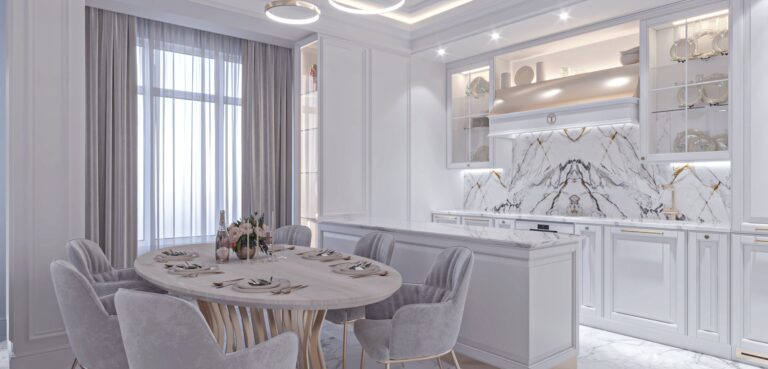 Интерьер столовой на 6 персон и дизайн кухни