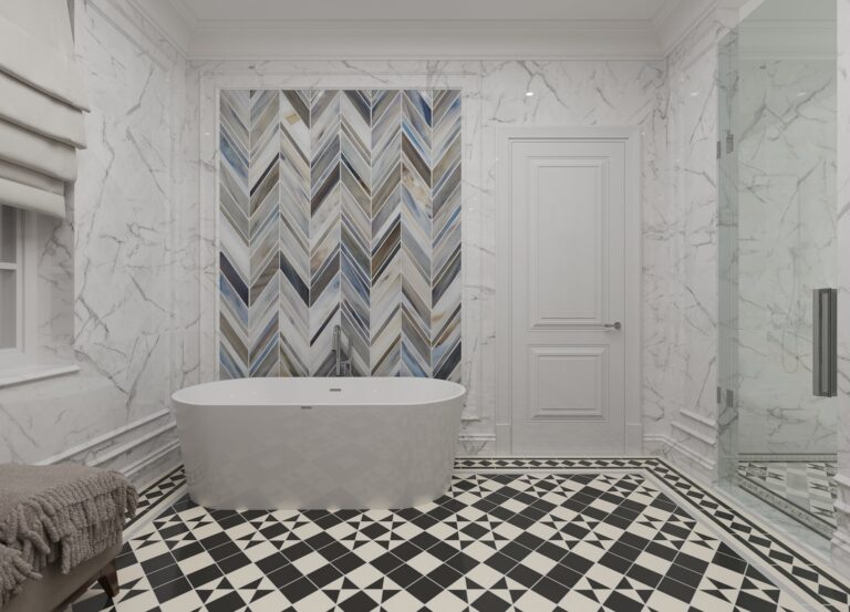 Интерьер ванной комнаты с клиновидным орнаментом