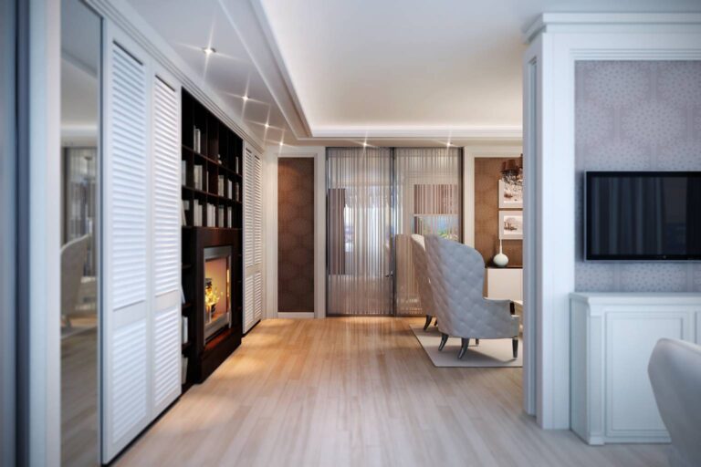 Роскошный интерьер кабинета с декоративным камином