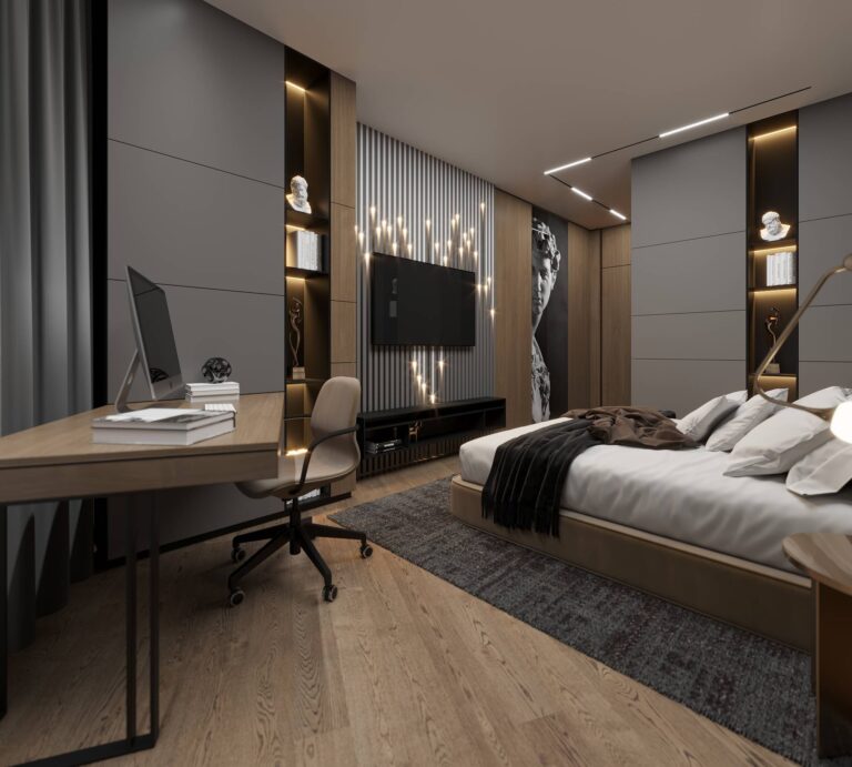 Темные оттенки в интерьере спальни