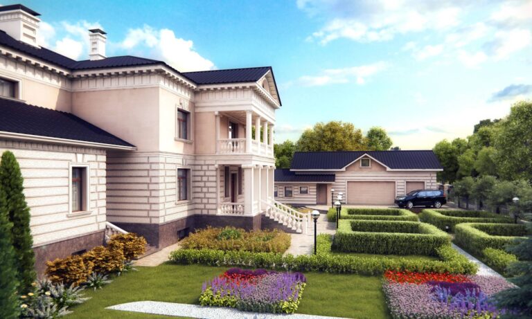 Зона для загара и беседка на художественно оформленной придомовой территории