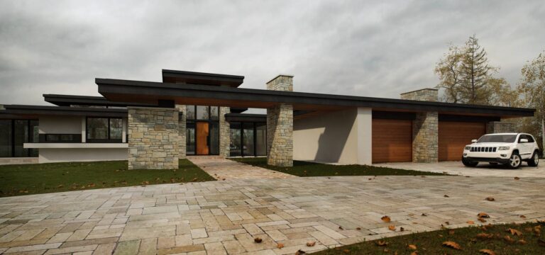 Парковка для автомобилей, гараж и ворота из природного камня у дома