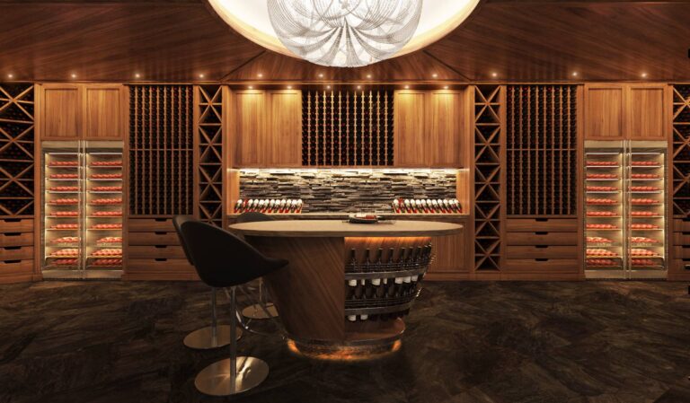 Массив древесины орехового оттенка в отделке интерьера бара