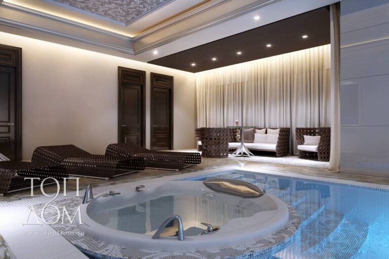 Фото дизайна интерьера вокруг бассейна в доме