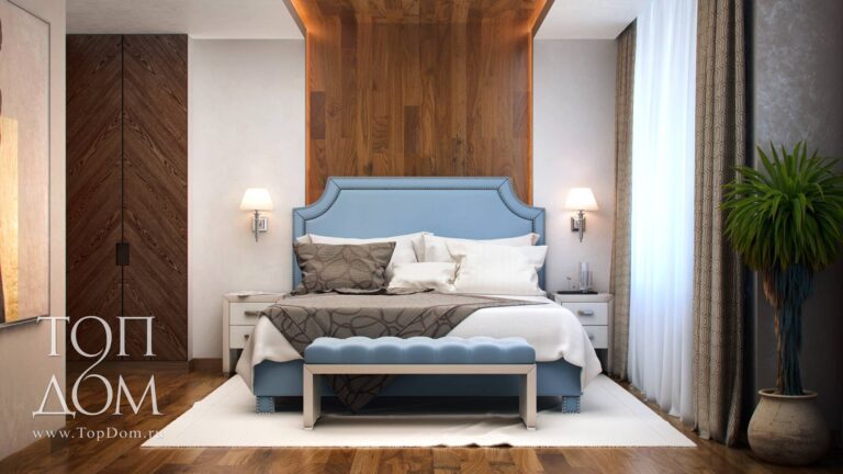 Кровать голубого цвета в дизайне спальни