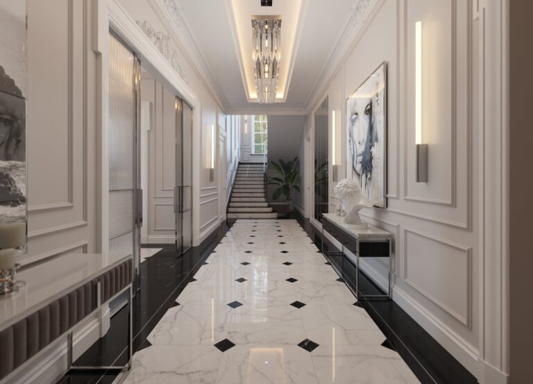 Прямоугольный длинный холл с лестницей