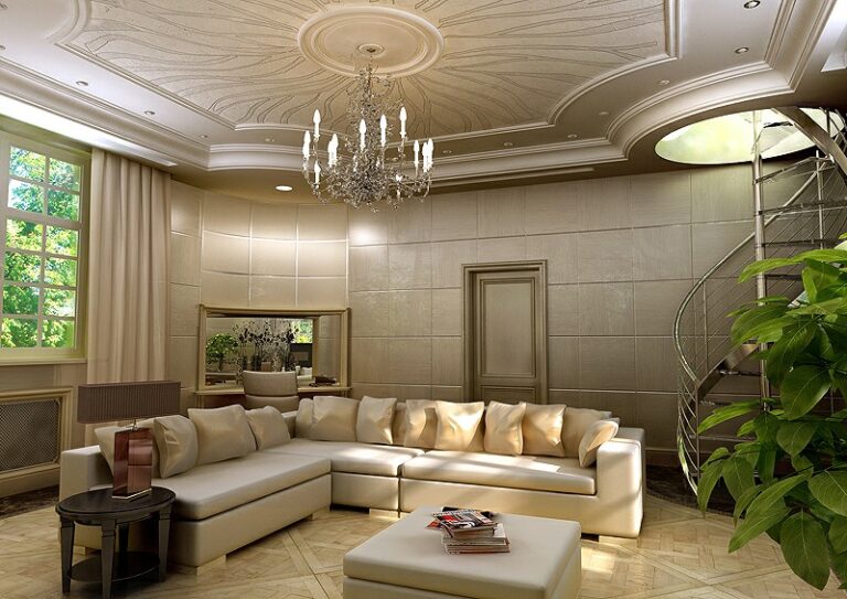 Дизайн гостиной с фигурным потолком с ветвями