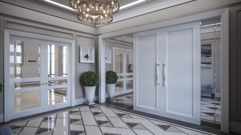 Интерьер холла с белоснежными межкомнатными дверями-купе