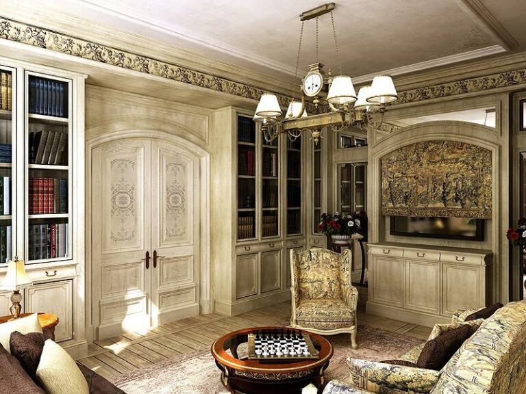 Шкафы из состаренного патинированного дерева в дизайне гостиной