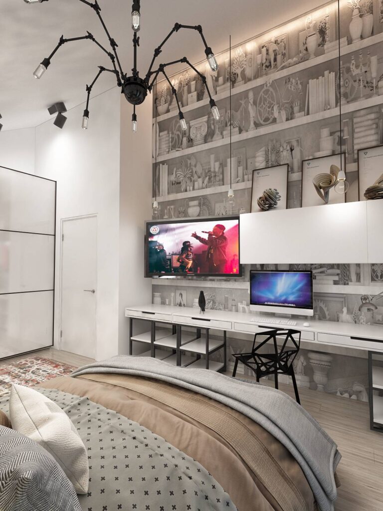 Светлая спальня с люстрой в форме черного паука