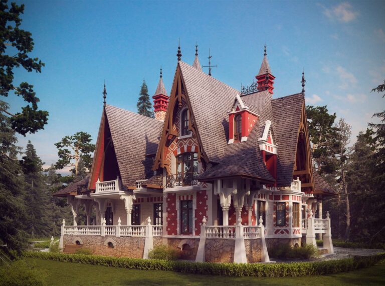 Крытые террасы и кованый декор на левом фасаде