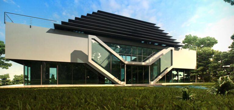 Ландшафт и внутренний фасад дома с многоярусной крышей