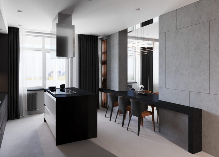 Черная кухня с серыми мраморными стеновыми панелями