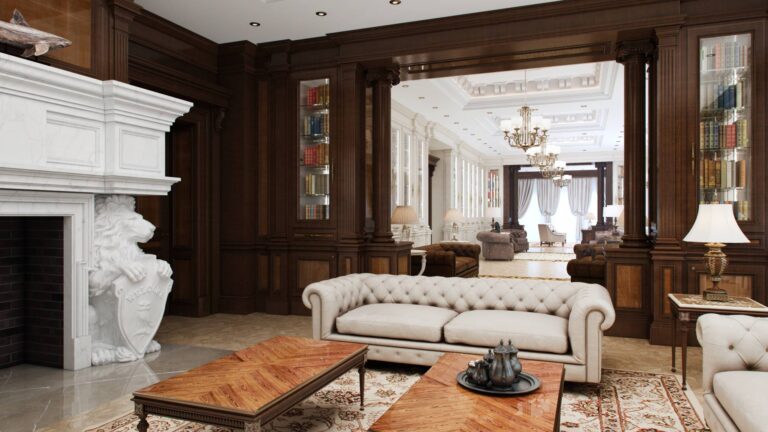 Панели из натуральной древесины темно-орехового оттенка в интерьере гостиной