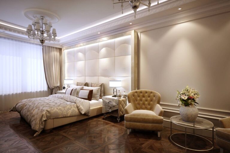 Фото светлого интерьера спальни с темным полом