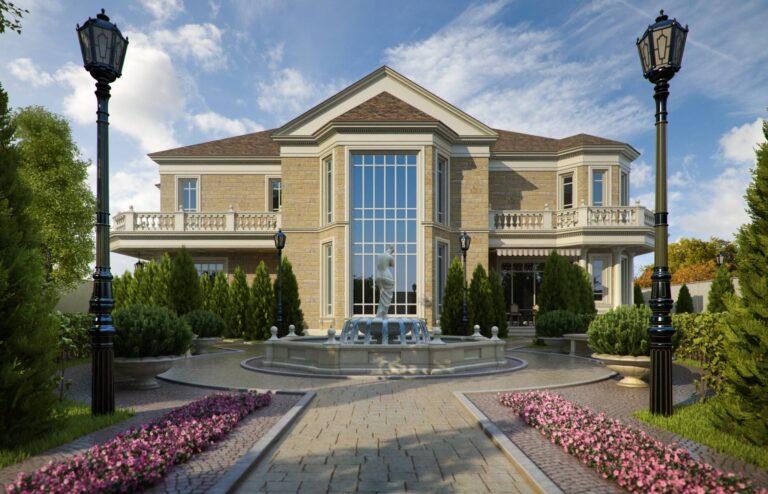 Фонтан перед внутренним фасадом дома из палевого кирпича