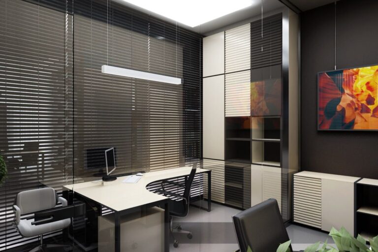 Яркий акцент в бело-темном интерьере рабочего кабинета в офисе