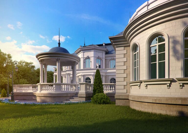 Полукруглый эркер на левом фасаде и ротонда со шпилем