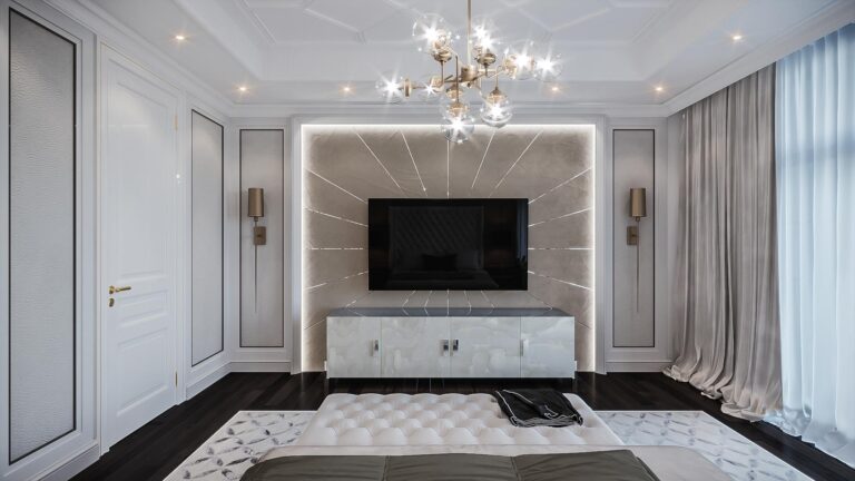 Спальня с декоративной подсвеченной панелью