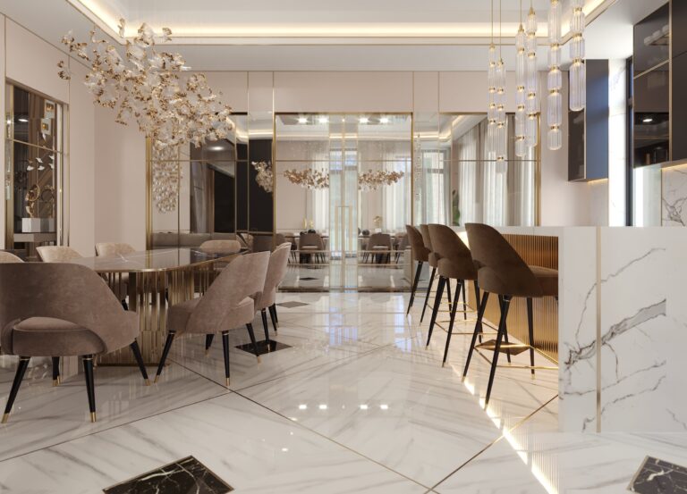 Зеркальная стена в дизайне большой кухни