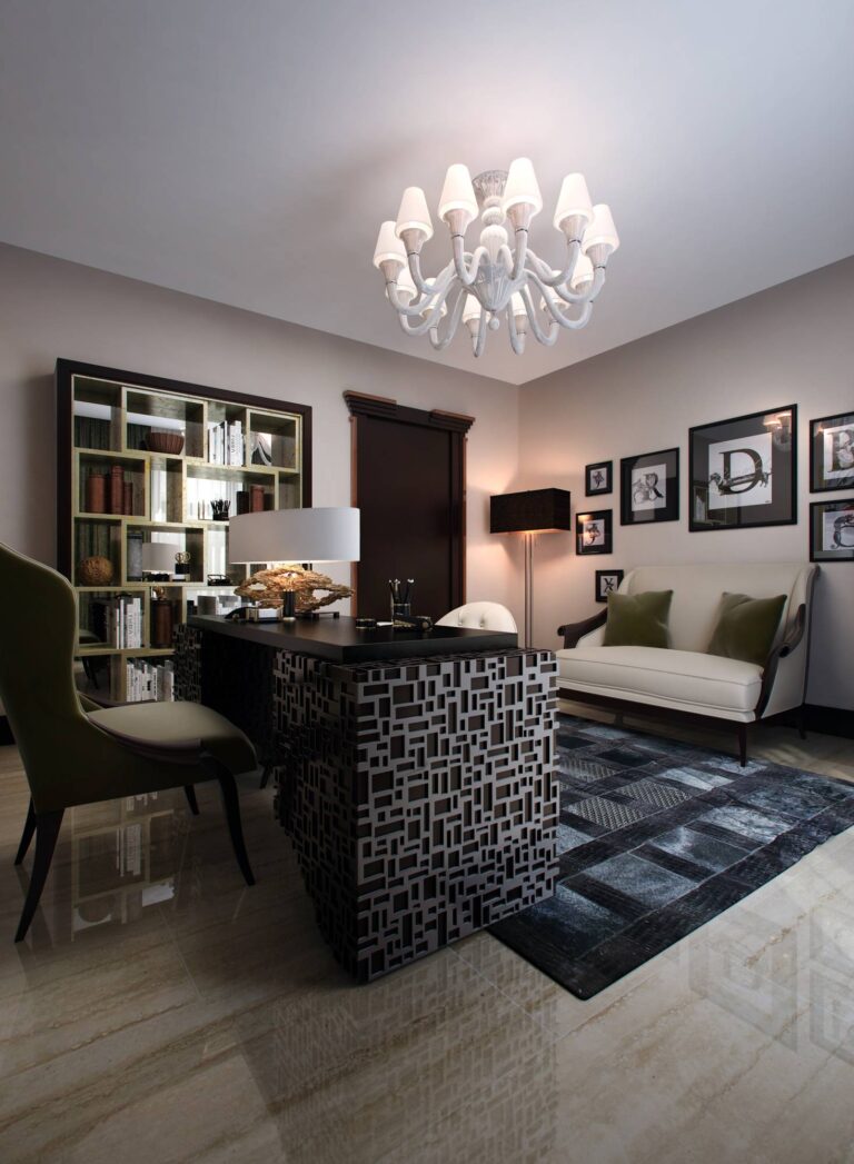 Запоминающийся дизайн кабинета с черно-серебристым столом