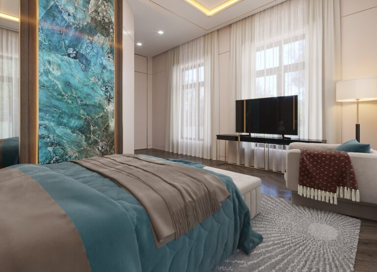 Дизайн спальни с большим панно в виде морских волн