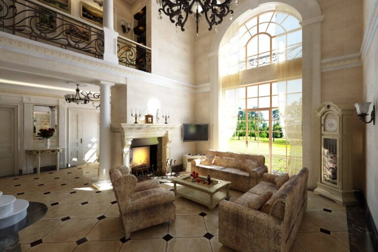 Дизайн гостиной с классическим светлым камином