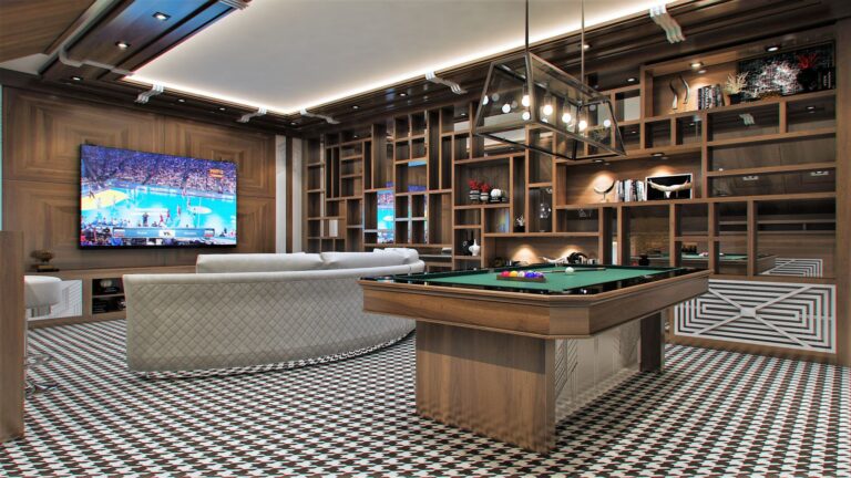 Бильярдная с открытым книжным шкафом и зеркальной задней стенкой