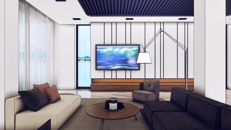 Мягкая мебель в контрастных тонах в эскизе интерьера современной гостиной