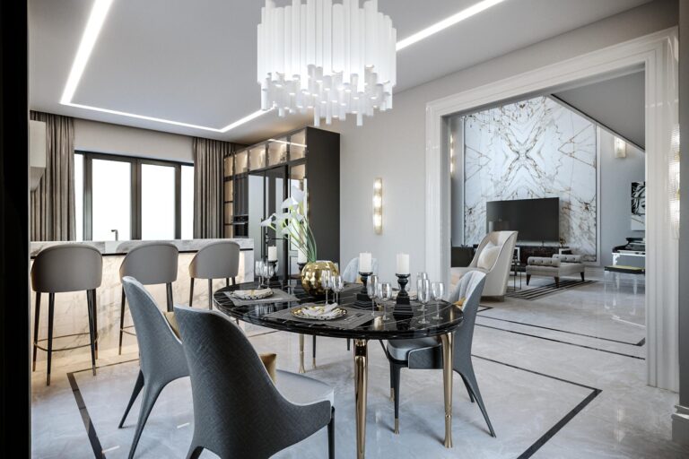 Овальный стол из черного мрамора в дизайне столовой