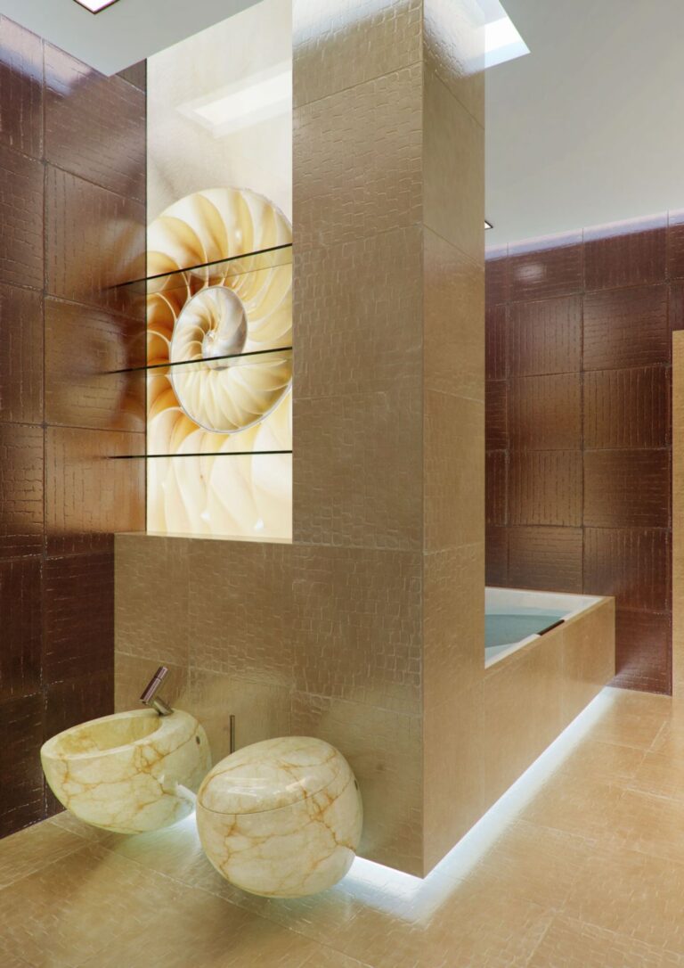 Биде и унитаз из натурального камня в дизайне ванной