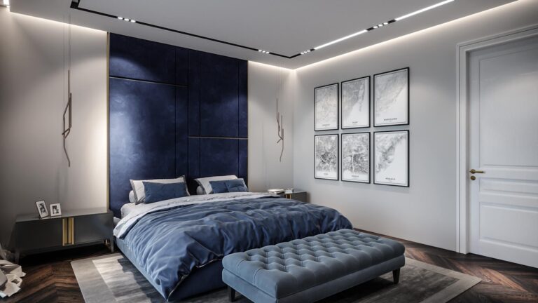Холодная цветовая гамма в дизайне компактной спальни