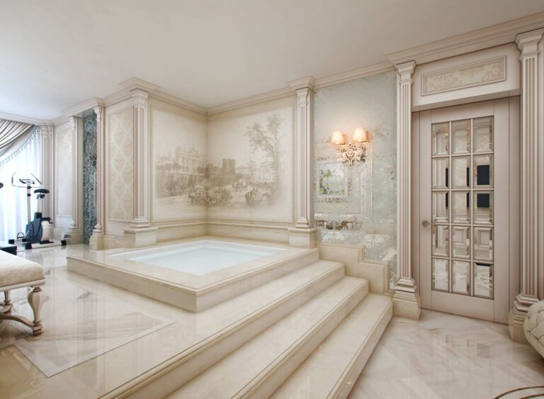 Дизайн комнаты с большой квадратной ванной