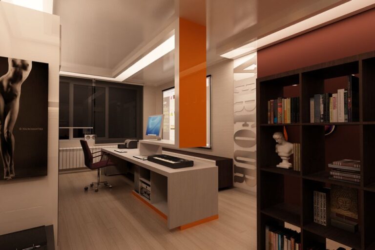 Сочетание слоновой кости и оранжевого в дизайне кабинета