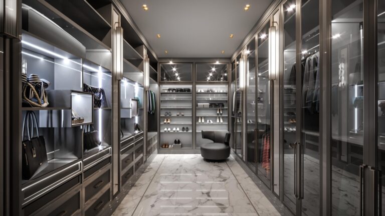 Белый мраморный пол в дизайне темно-коричневого гардероба