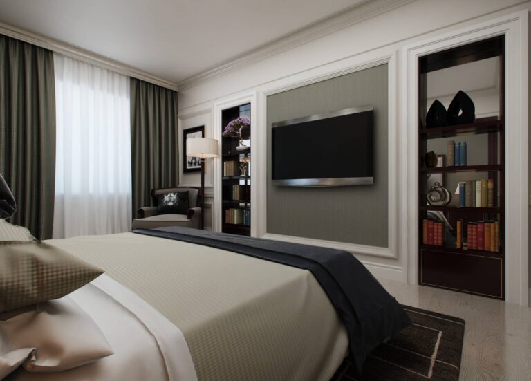 Дизайн большой спальни со стеллажами для книг