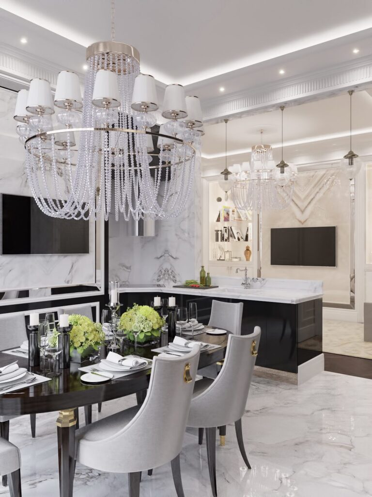 Дизайн неоклассической кухни с белой мраморной отделкой