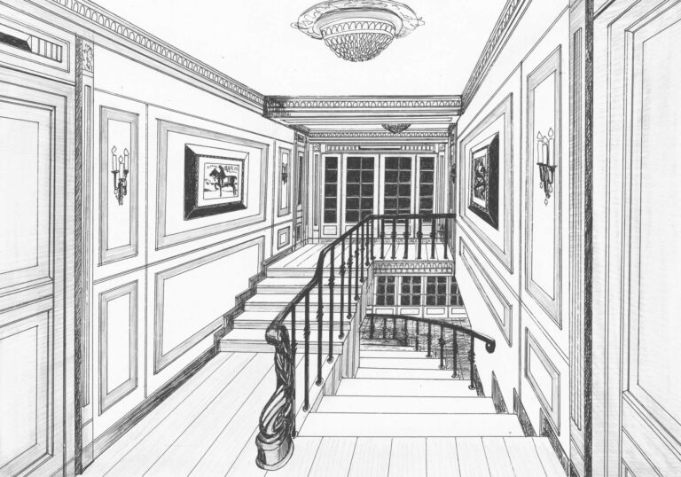 Лестницы с коваными перилами в дизайне холла